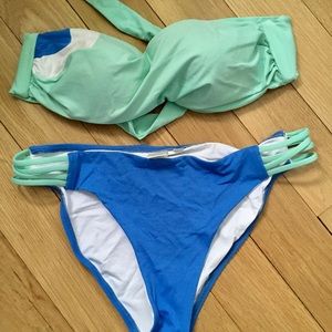 L*Space Blue and Seafoam Strapless Size Medium Bikini top and Large Bottom